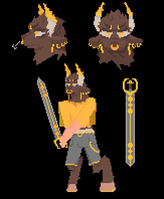 A referance image of a minotaur, a man with a bull head and human body. With golden accents.