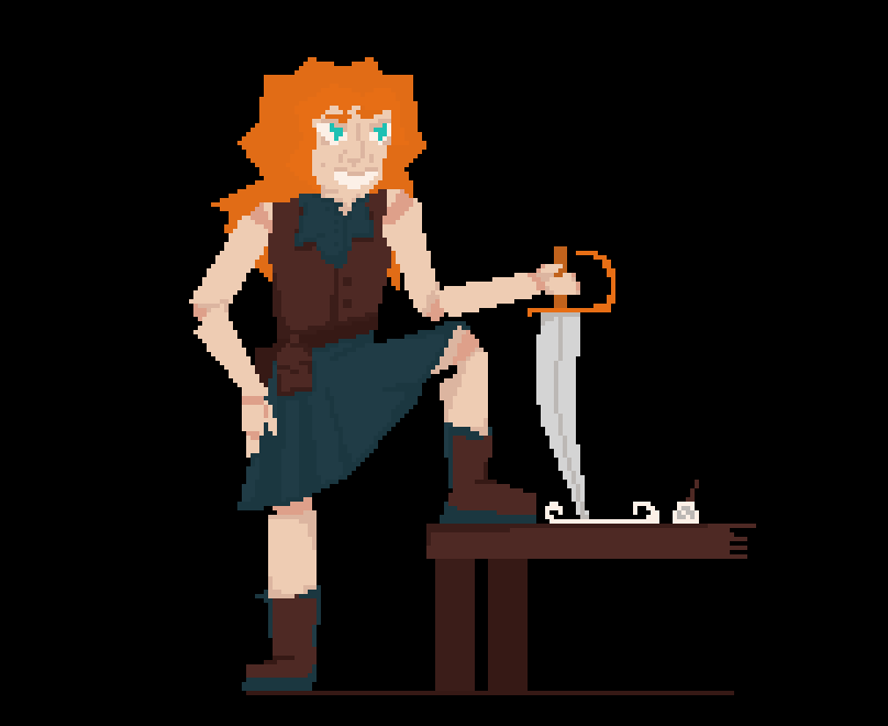 A ginger pirate robot slamming her sword down on the table.